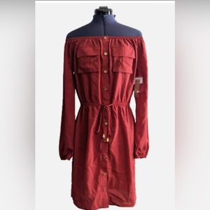 Riley & James Red Faux Button Up Off Shoulder Utility Shirt Dress Women's -Large